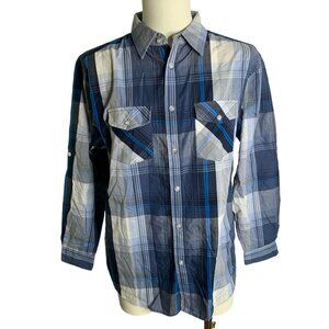 Airwalk Button Up Long Sleeve Shirt Boys Youth 18 Blue Plaid Pockets Roll Tab